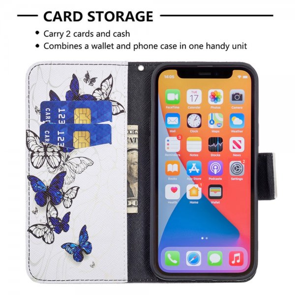 iPhone 13 Pro Etui Motiv Blå Og Hvide Sommerfugle.