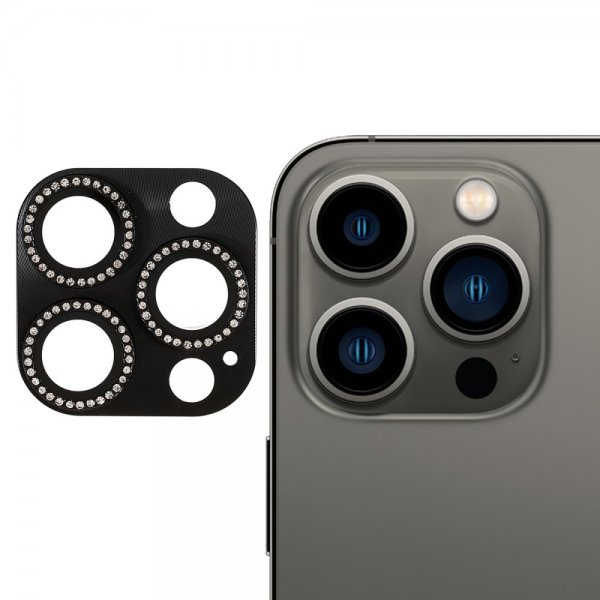 iPhone 13 Pro/iPhone 13 Pro Max Kameralinsebeskytter Rhinestone Sort