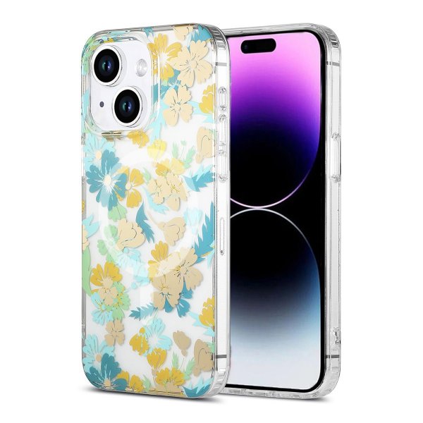 iPhone 13/iPhone 14 Cover Blomstermønster MagSafe Turkis