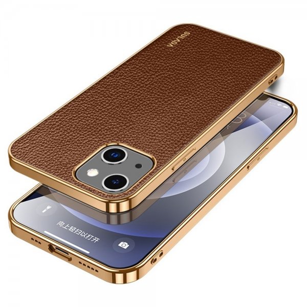 iPhone 14 Plus Cover Litchimønster Pletteret Kant Brun