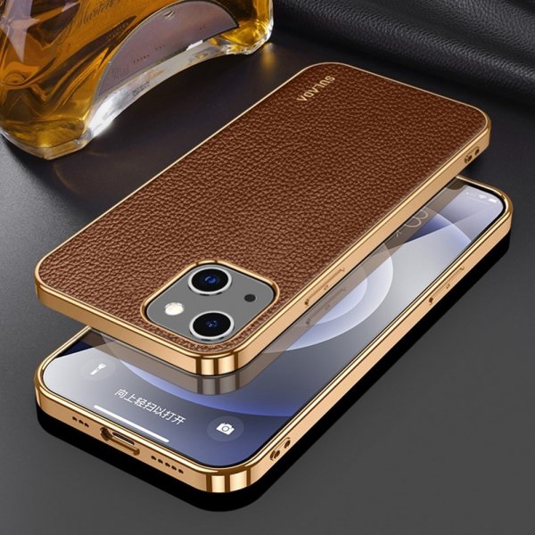 iPhone 14 Plus Cover Litchimønster Pletteret Kant Brun