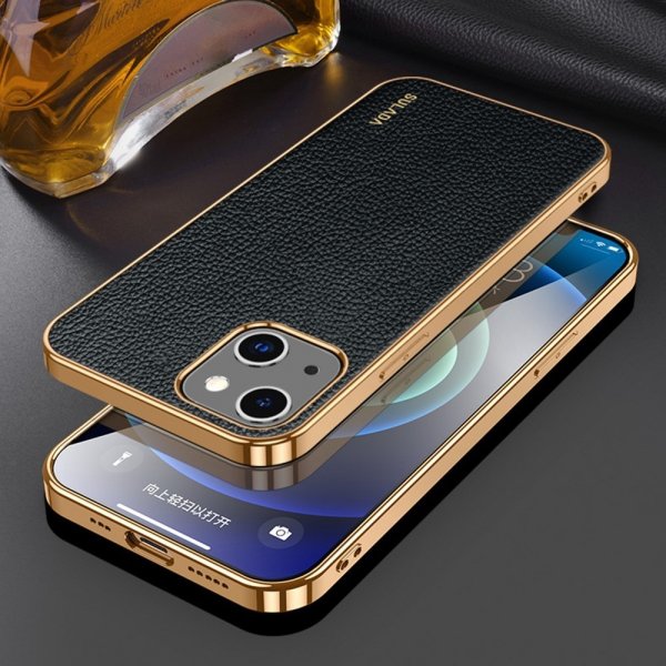 iPhone 14 Plus Cover Litchimønster Pletteret Kant Sort