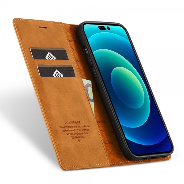 iPhone 14 Pro Max Etui med Kortholder Flip Brun