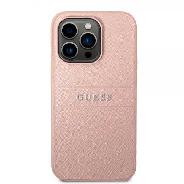 iPhone 14 Pro Max Cover Saffiano Metal Logo Stripes Lyserød