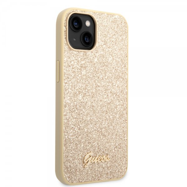 iPhone 14 Cover Glitter Flakes Metal Logo Guld