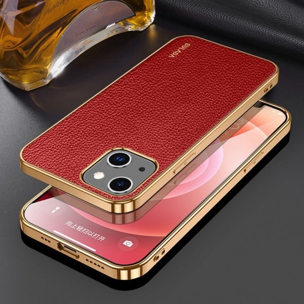 iPhone 14 Cover Litchimønster Pletteret Kant Rød