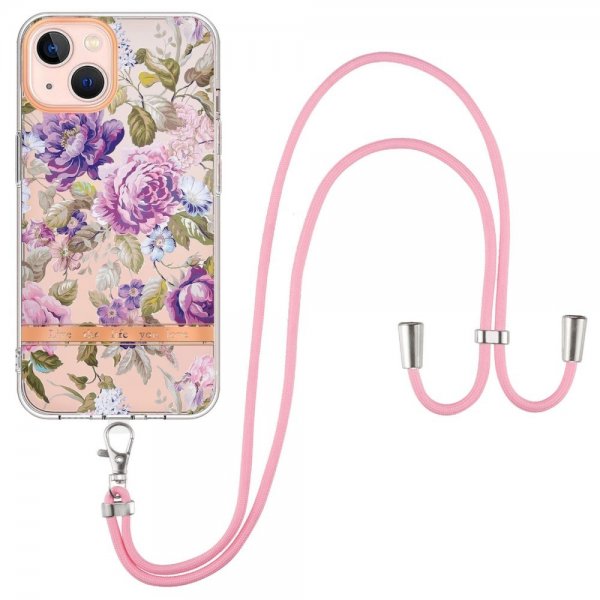 iPhone 15 Plus Cover Blomstermønster Strop Lilla Pion