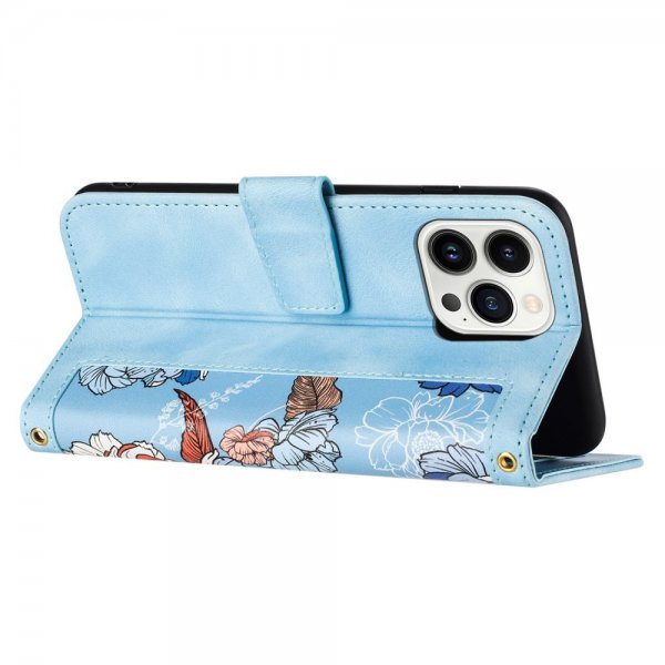 iPhone 15 Pro Etui Blomstermønster Lyseblå