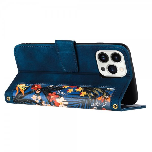 iPhone 15 Pro Max Etui Blomstermønster Mørkeblå