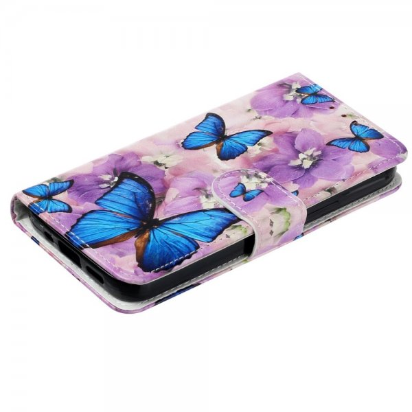 iPhone 15 Pro Max Etui Motiv Lilla Blomster Blå Sommerfugle
