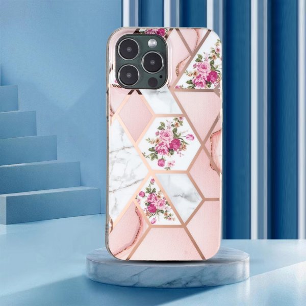 iPhone 15 Pro Max Cover Marmormønster Blomster Lyserød