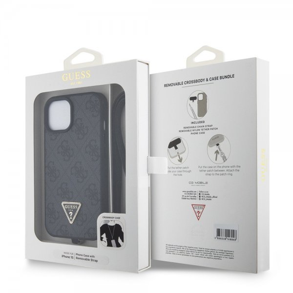 iPhone 15 Cover Metal Logo Strass Crossbody Strap Sort