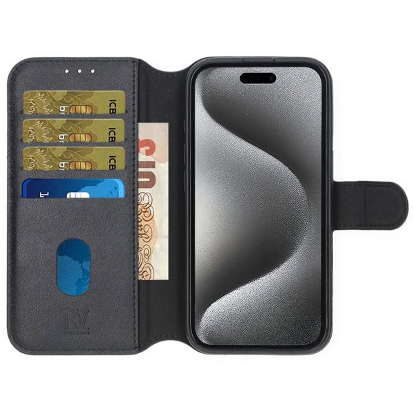 iPhone 16 Pro Max Etui Ægte læder Kortholder Sort