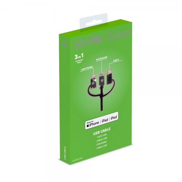 Kabel 3in1 Micro-USB/USB-C/Lightning 1m Sort