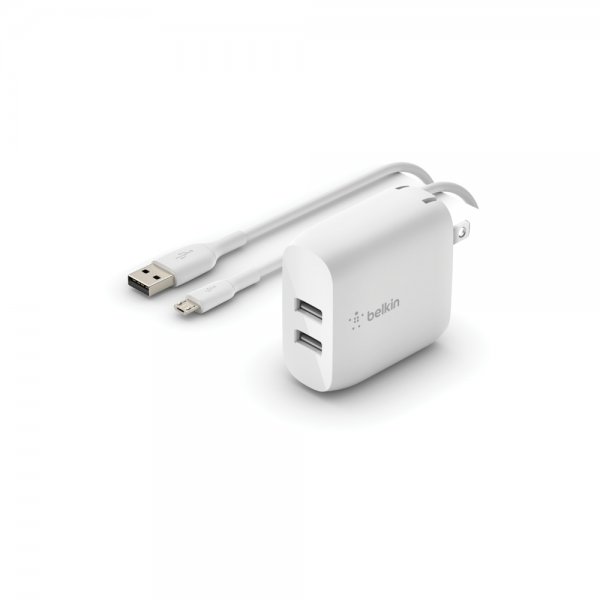 Oplader BOOST↑CHARGE 24W 2 st USB-A uttag med Micro-USB Kabel Hvid