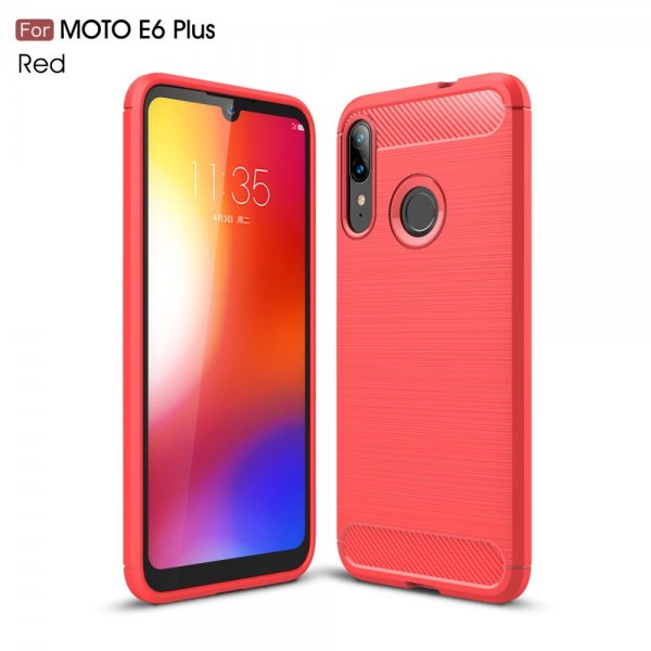 Motorola Moto E6 Plus Cover Børstet Kulfibertekstur Rød