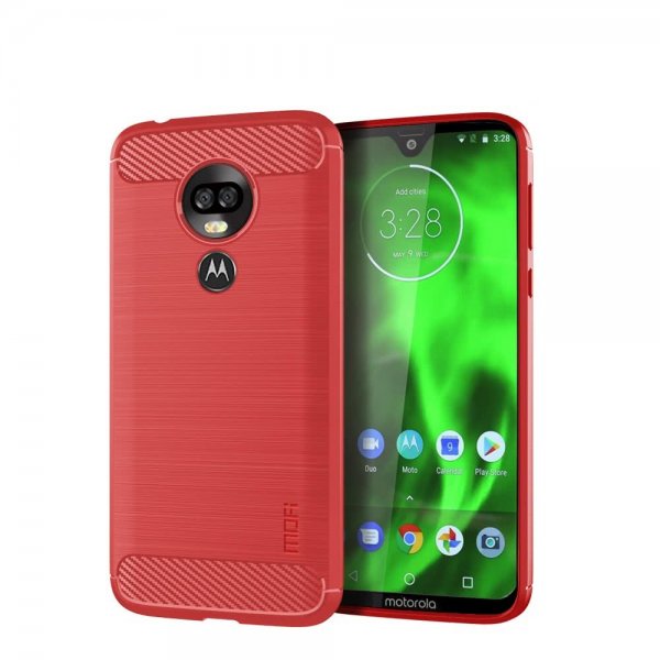 Motorola Moto G7 Power Cover Børstet Kulfibertekstur TPU Rød
