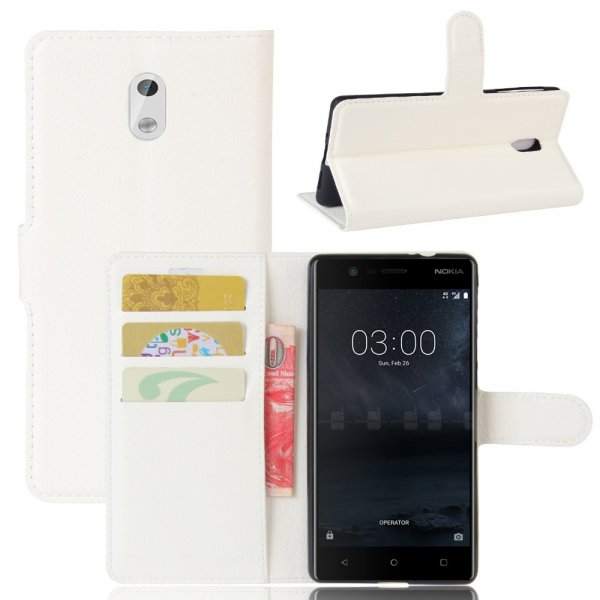 Nokia 3 Plånboksetui PU-læder Litchi Hvid