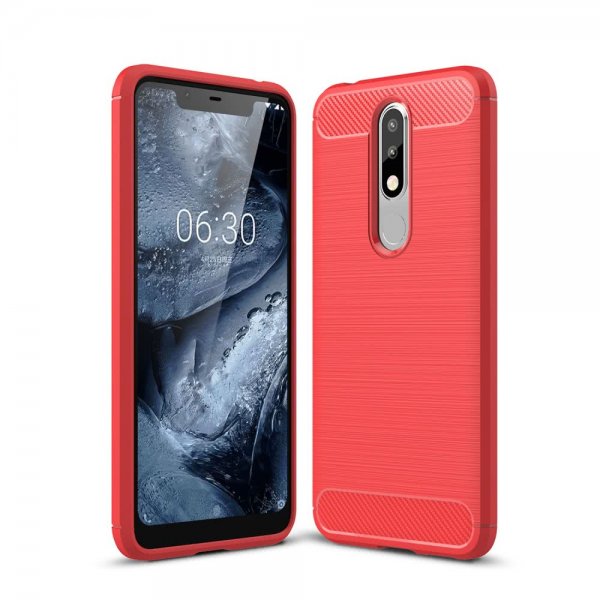 Nokia 5.1 Plus Cover TPU Børstet Kulfibertekstur Rød