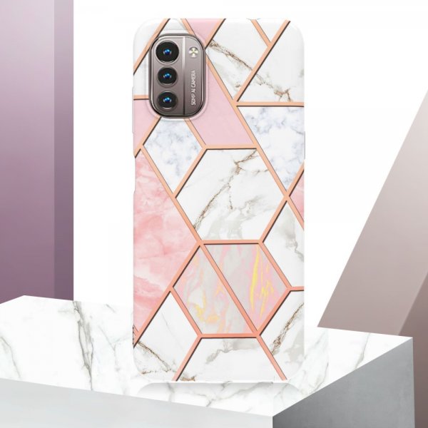 Nokia G11/G21 Cover Marmormønster Lyserød Hvid