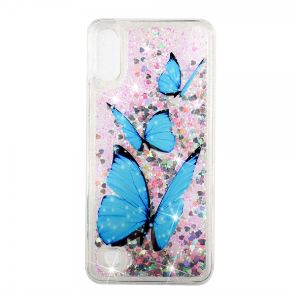 Samsung Galaxy A10 Cover Glitter Motiv Blåa Fjärilar
