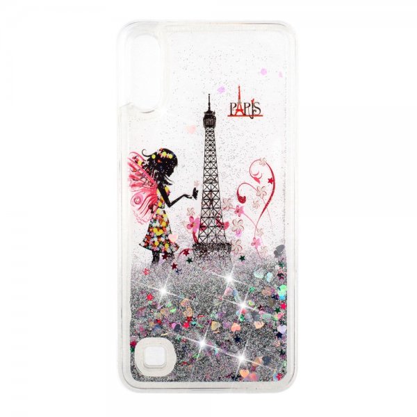 Samsung Galaxy A10 Cover Glitter Motiv Eiffeltornet och Fjärilstjej