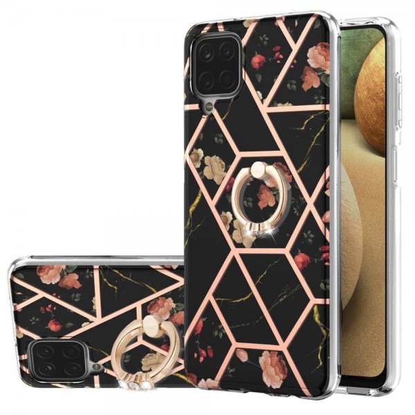 Samsung Galaxy A12 Cover Ring Marmormønster Sort Blomster