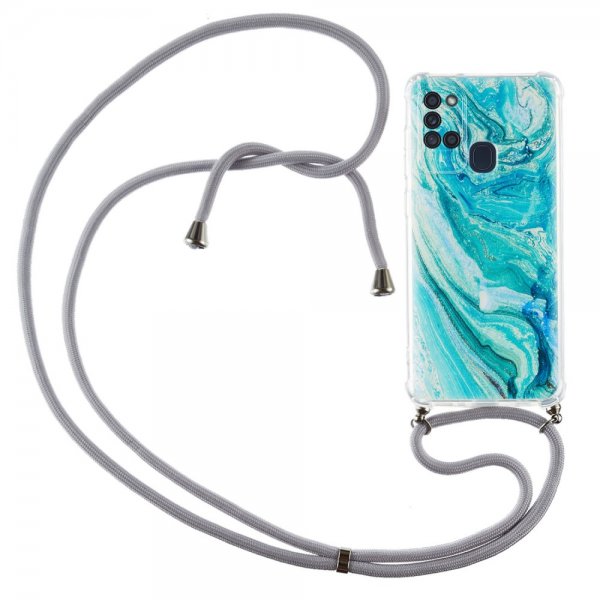 Samsung Galaxy A21s Cover med Strop Motiv Blå Marmor