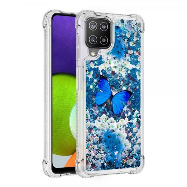 Samsung Galaxy A22 4G Cover Flydende Glitter Motiv Blå Sommerfugle