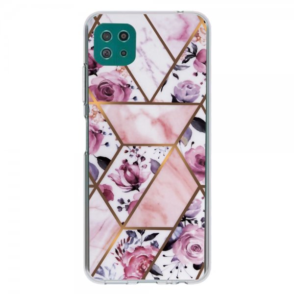 Samsung Galaxy A22 5G Cover Marmormønster Blomster Lyserød