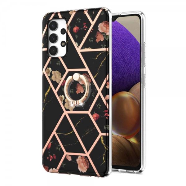 Samsung Galaxy A32 5G Cover Ring Marmormønster Sort Blomster