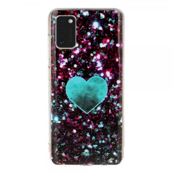 Samsung Galaxy A41 Cover Motiv Blått Hjärta Glitter