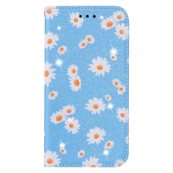 Samsung Galaxy A51 Etui Glitter Blomstermønster Blå