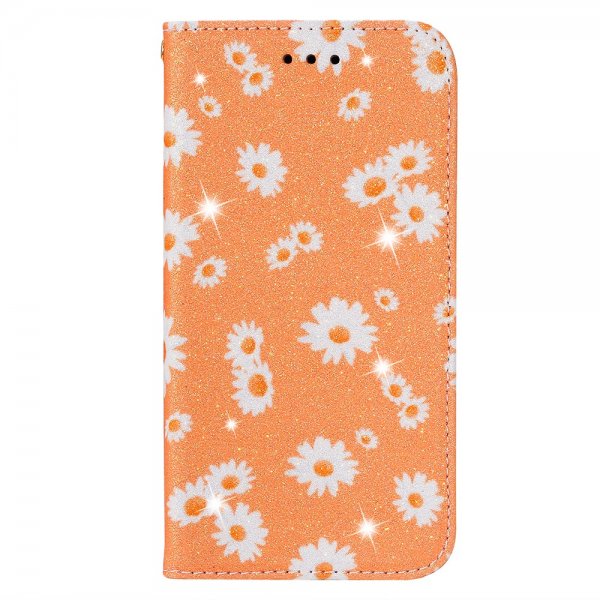 Samsung Galaxy A51 Etui Glitter Blomstermønster Orange