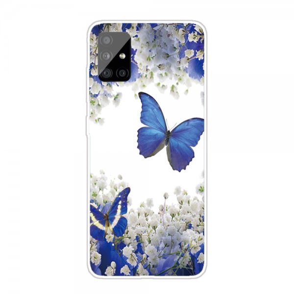 Samsung Galaxy A51 Cover Motiv Blåa Fjärilar och Hvida Blommor