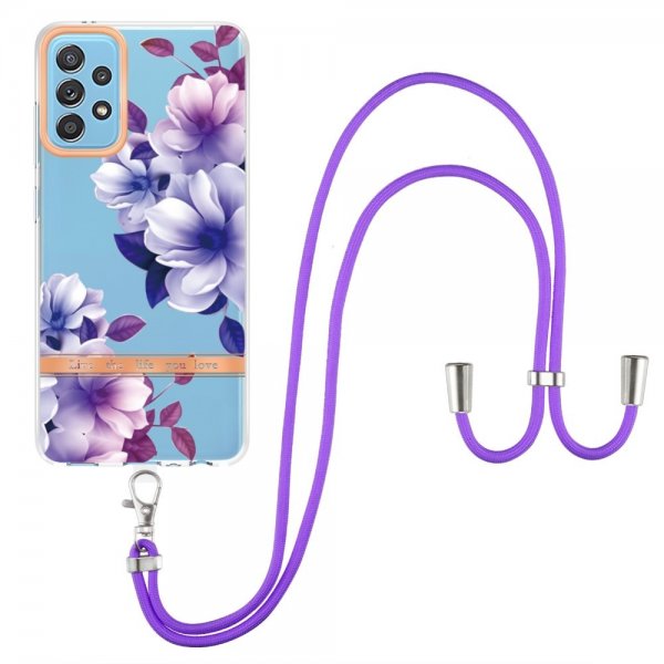 Samsung Galaxy A52/A52s 5G Cover Blomstermønster Strop Lilla Begonia