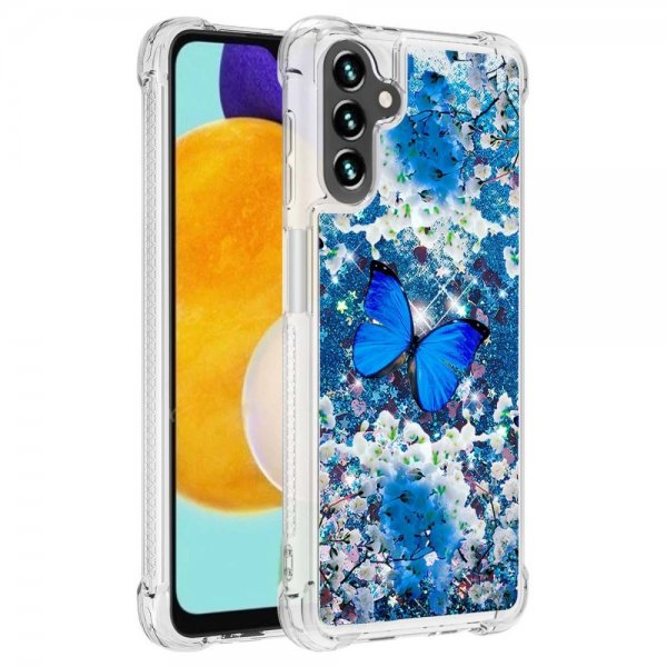 Samsung Galaxy A54 5G Cover Glitter Motiv Blå Sommerfugl