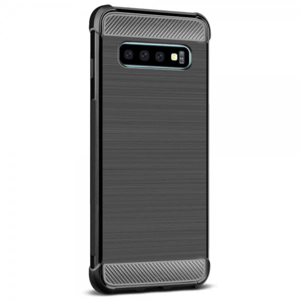 Samsung Galaxy S10 Plus Cover TPU Børstet Kulfibertekstur Sort