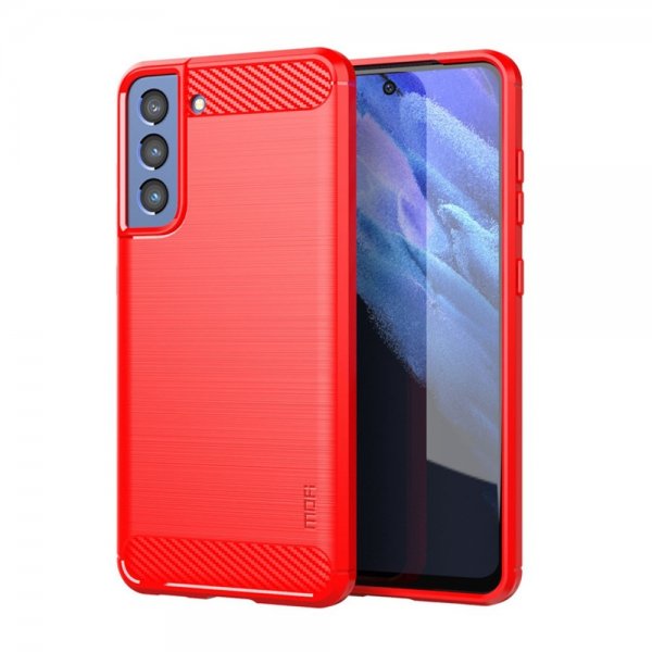 Samsung Galaxy S21 FE Cover Børstet Karbonfibertekstur Rød