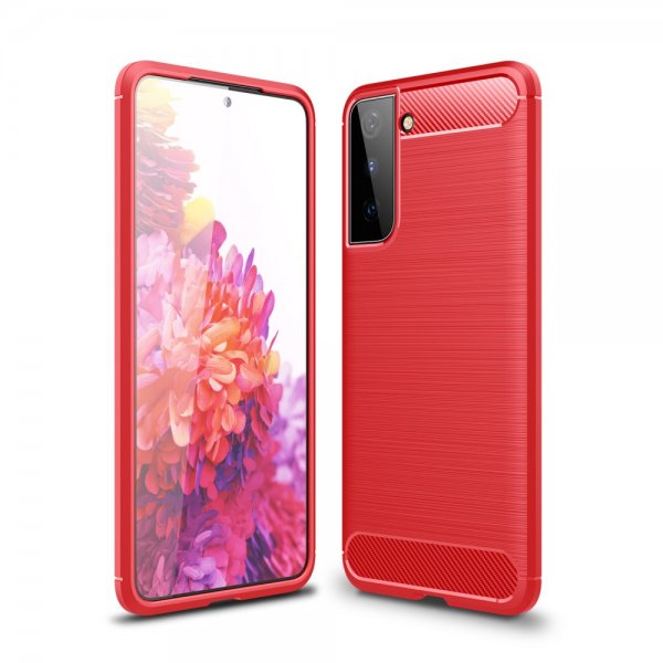 Samsung Galaxy S21 Cover Børstet Kulfibertekstur Rød