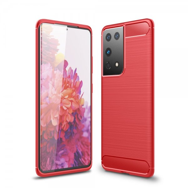 Samsung Galaxy S21 Ultra Cover Børstet Kulfibertekstur Rød