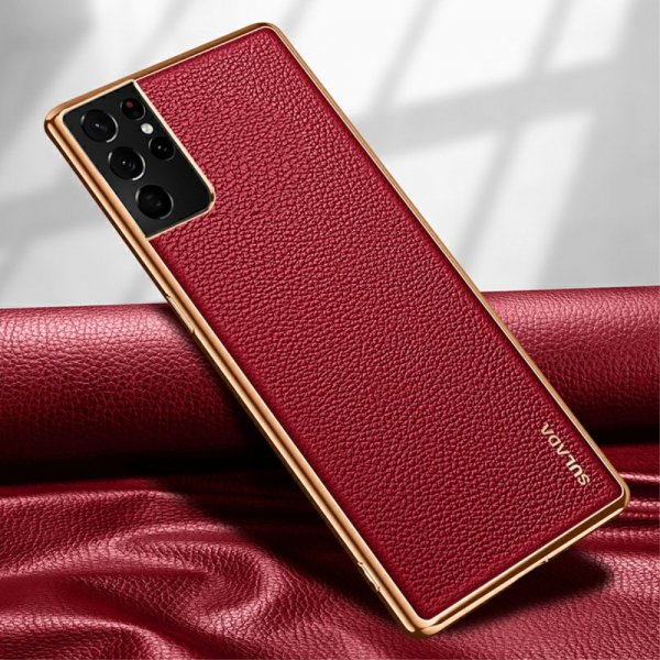 Samsung Galaxy S21 Ultra Cover Litchimønster Pletteret Kant Rød