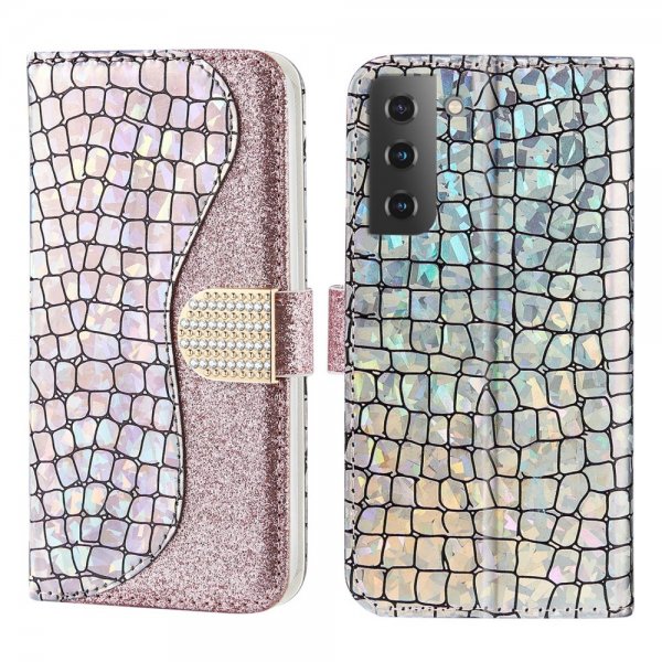 Samsung Galaxy S22 Etui Krokodillemønster Glitter Roseguld