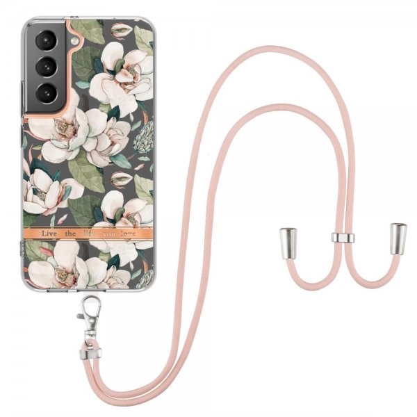 Samsung Galaxy S22 Cover Blomstermønster Strop Grøn Gardenia