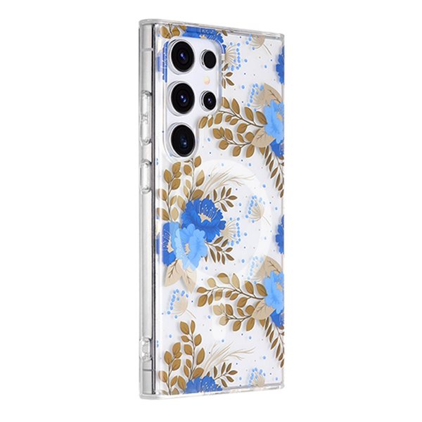 Samsung Galaxy S23 Ultra Cover Blomstermønster MagSafe Blå Guld