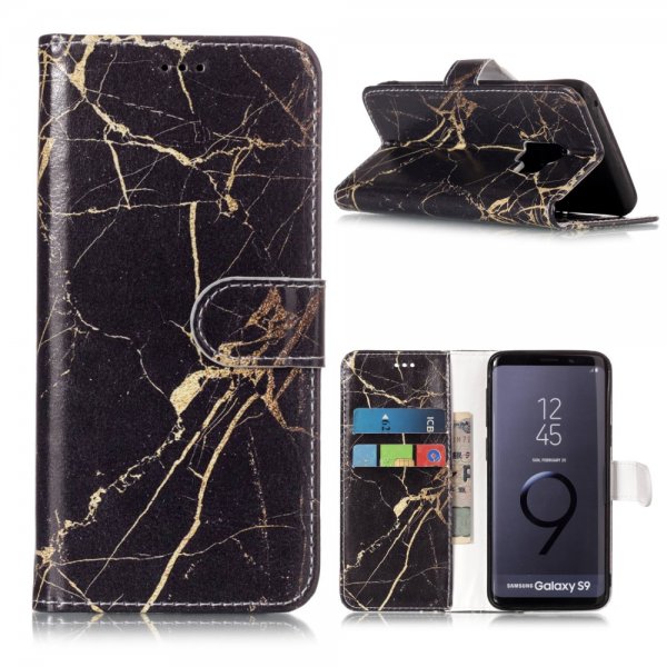 Samsung Galaxy S9 Plånboksetui Motiv Sort Guld Marmor