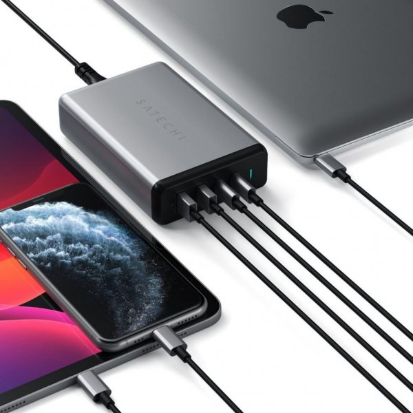 108W PD reseOplader med dubbla USB-C och USB-A uttag Grå