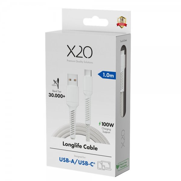 USB-A til USB-C Kabel Longlife 60W 1m Hvid