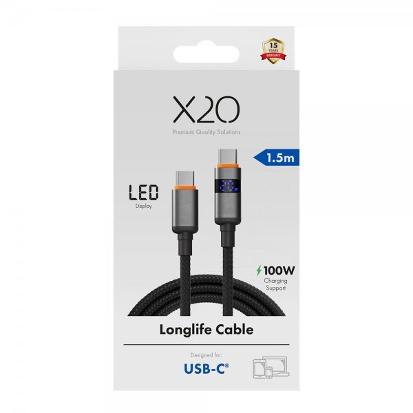 USB-C til USB-C Kabel Longlife LED Display 100W 1.5m Sort