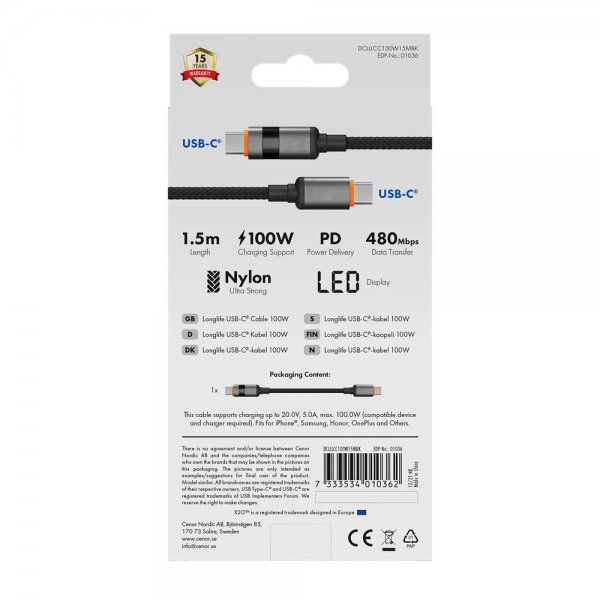 USB-C til USB-C Kabel Longlife LED Display 100W 1.5m Sort